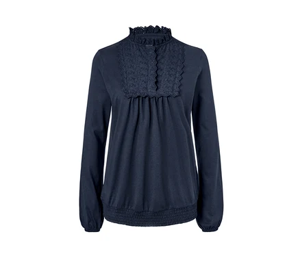 Blouse à broderie ajourée bleu marine.