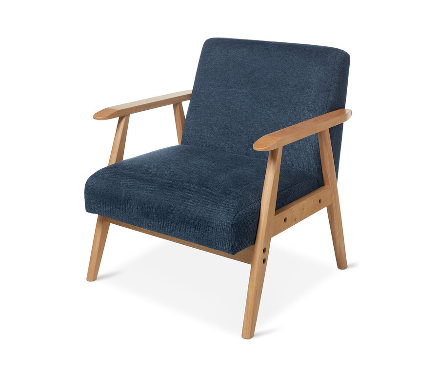 Fauteuil bleu avec accoudoirs.