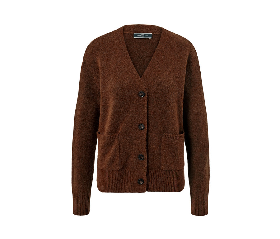 Veste en maille marron avec des boutons et des poches.