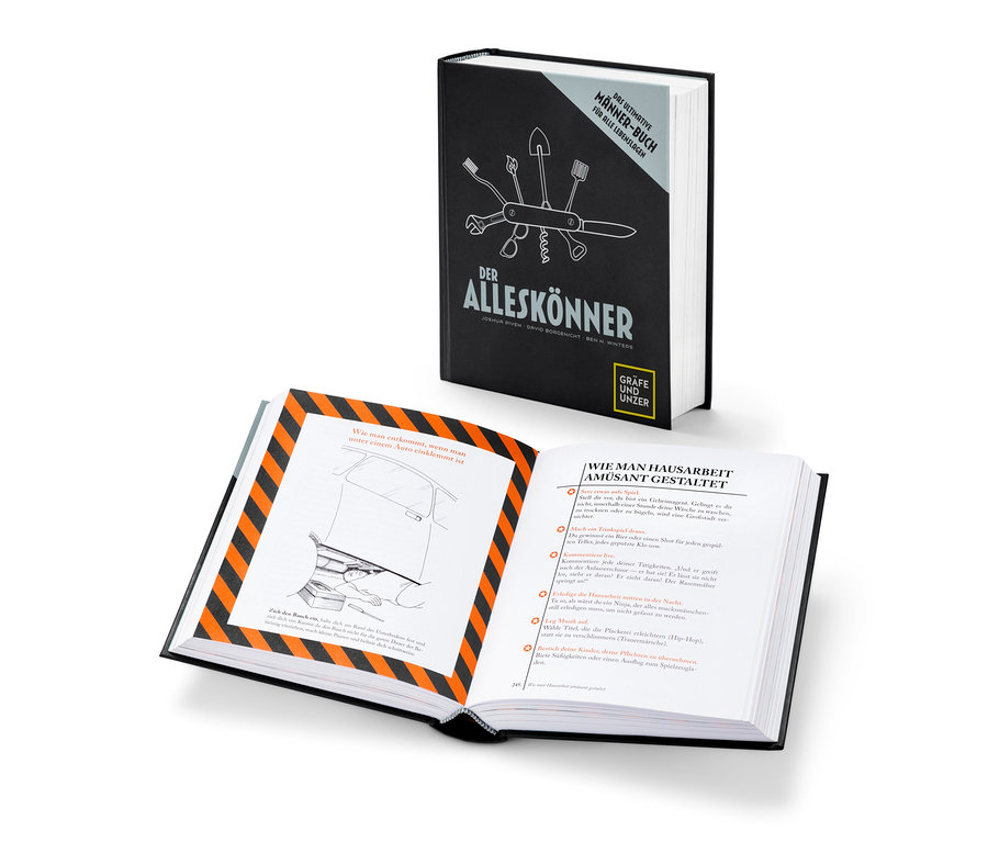 Livre ouvert « Celui qui sait tout faire » avec illustration d'une personne coincée sous une voiture.