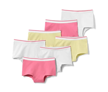 Sept culottes pour filles roses, jaunes et blanches.