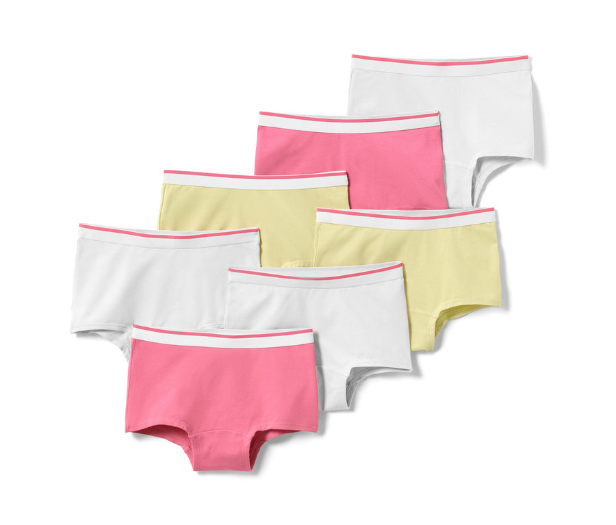 Sept culottes pour filles roses, jaunes et blanches.