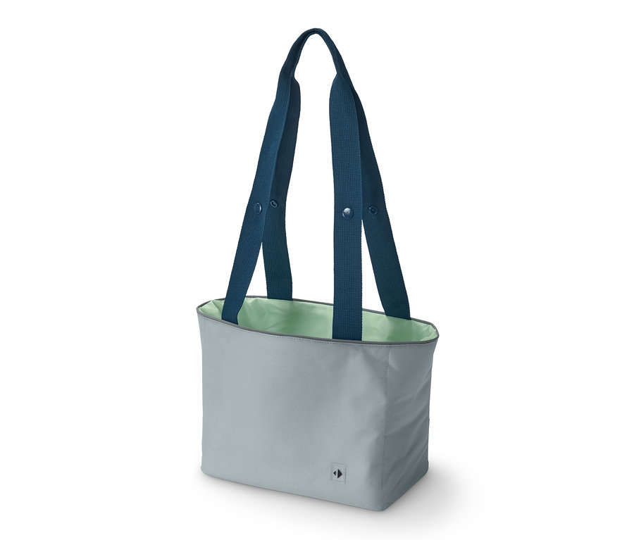 Sacoche grise pour guidon de vélo avec des sangles bleues.