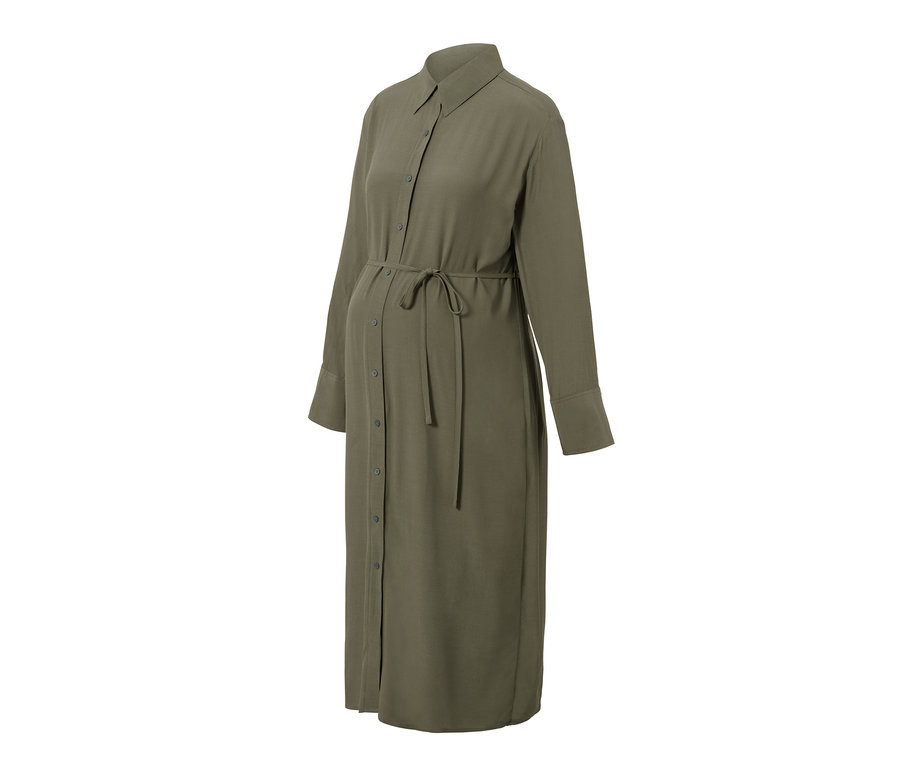 Présentation d'une robe-chemise de grossesse olive avec des manches longues et une boutonnière.
