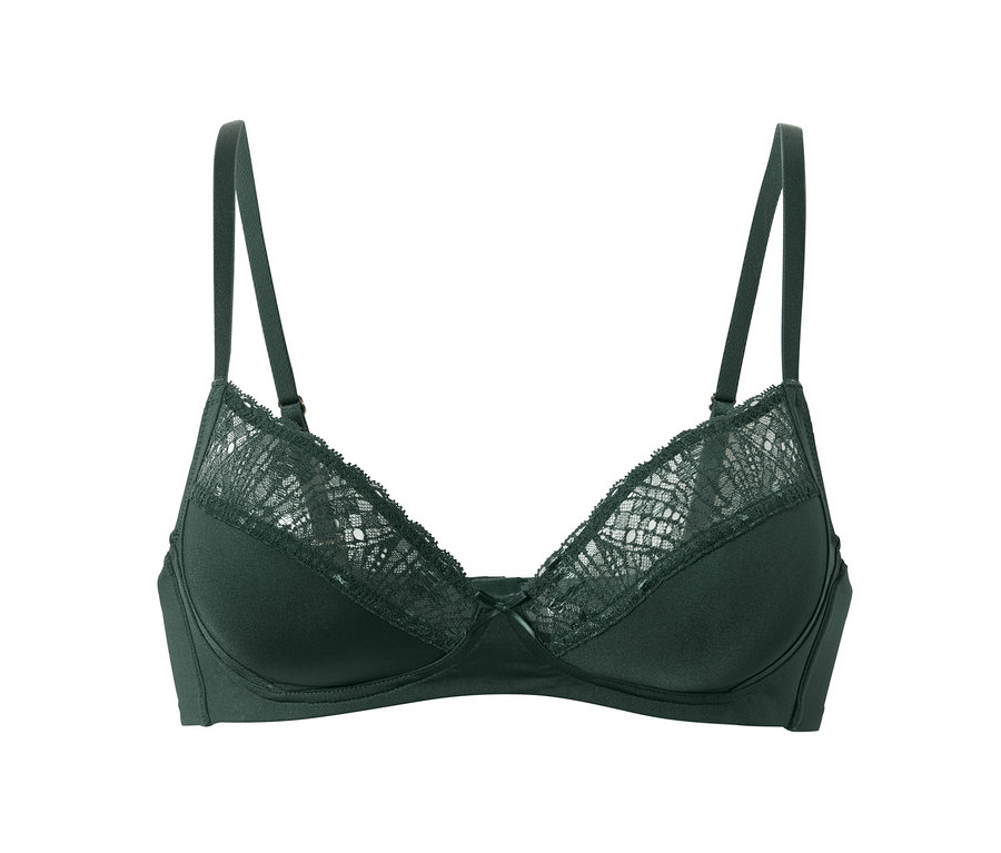 Soutien-gorge doux vert foncé avec de la dentelle.