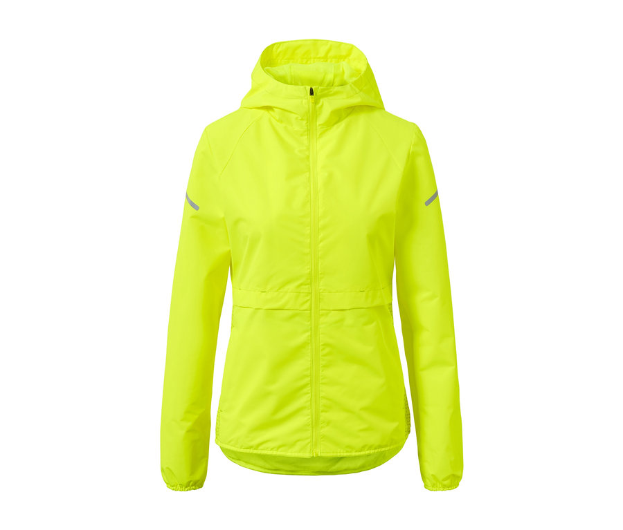 Veste de sport coupe-vent jaune avec fermeture éclair et capuche.