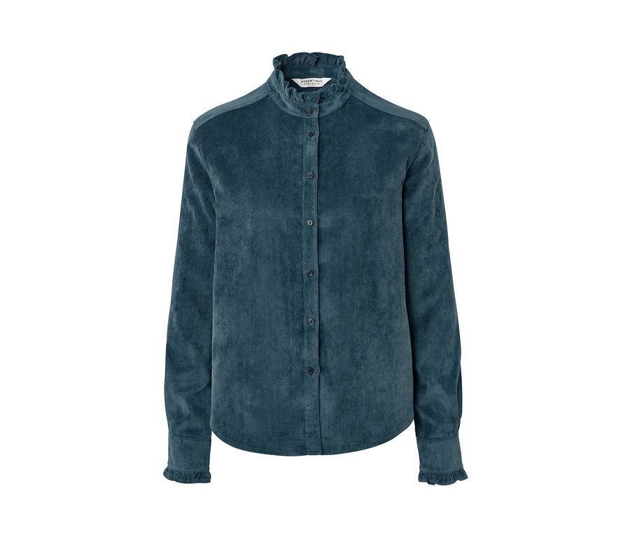 Un chemisier bleu à cordon avec des détails ruchés.