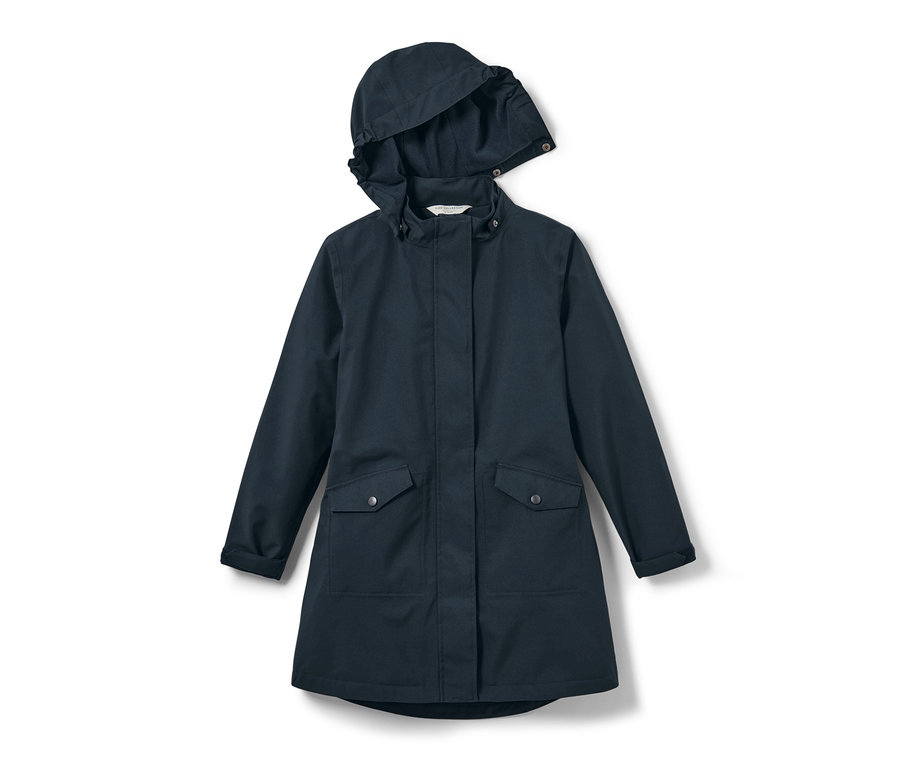 Parka de pluie pour enfant bleu marine avec capuche et poches.