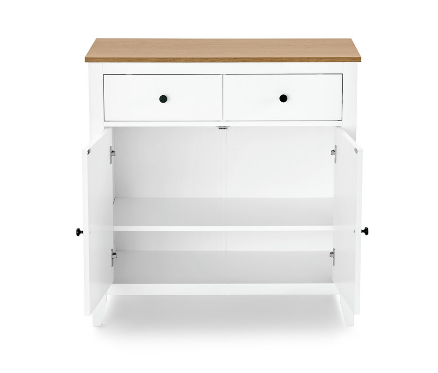 Buffet blanc ouvert avec deux tiroirs et un dessus en bois clair.