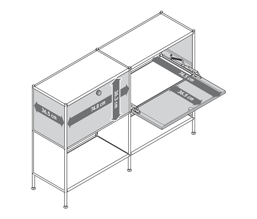Un schéma d'une armoire métallique avec des dimensions et des portes rabattables.