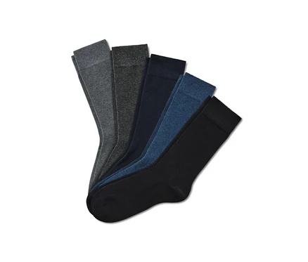 Cinq paires de chaussettes dans les tons de gris, bleu et noir.