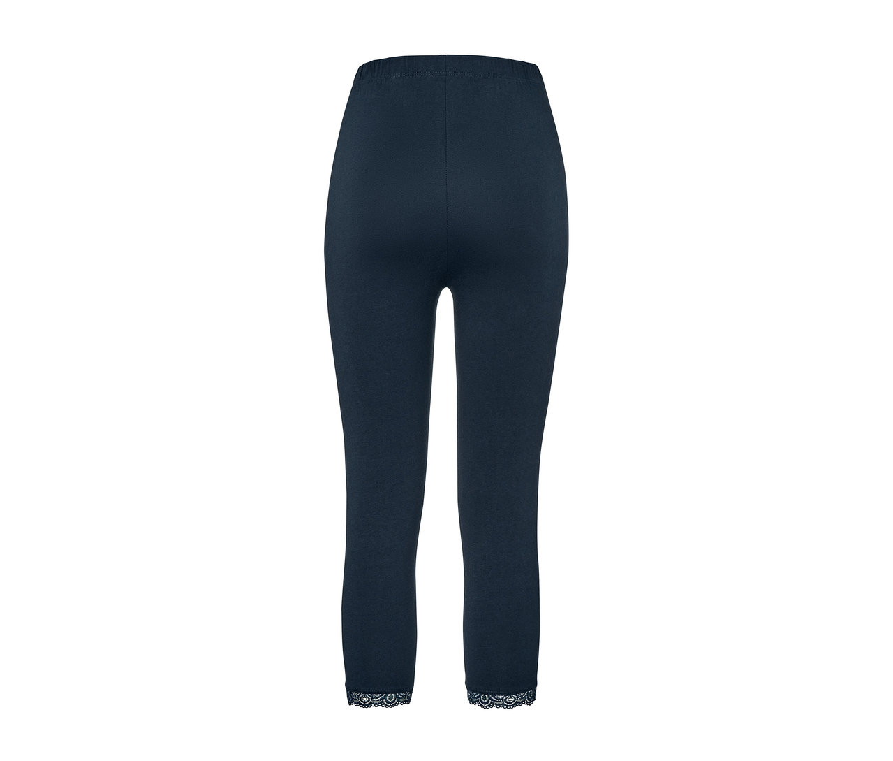 Legging court bleu foncé avec bord en dentelle.