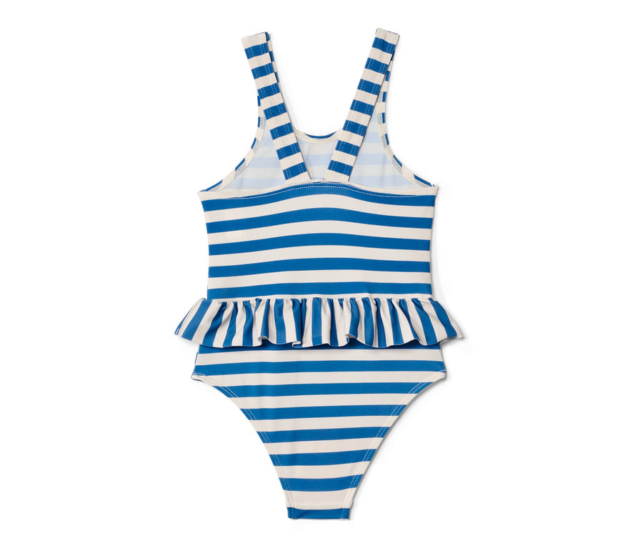 Vue arrière d'un maillot de bain pour enfant à rayures bleues et blanches avec un volant.