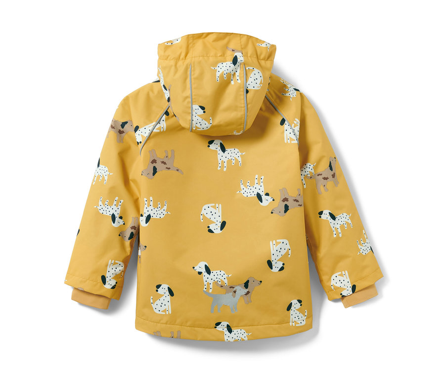 Veste de pluie thermique jaune pour enfant avec motif dalmatien.