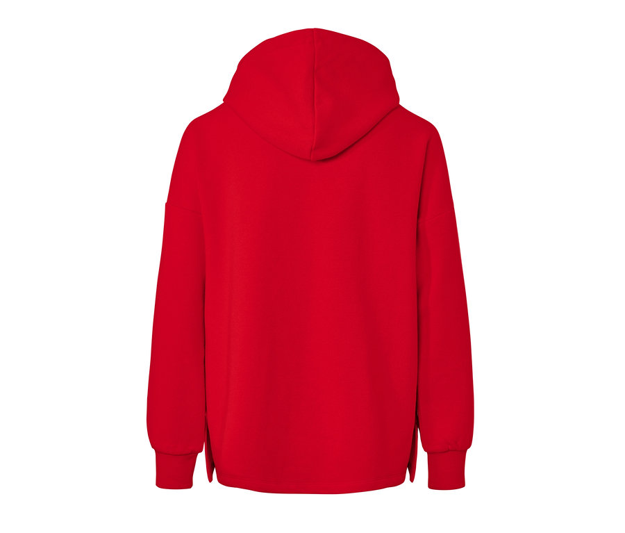 Vue arrière d'un sweatshirt à capuche rouge.