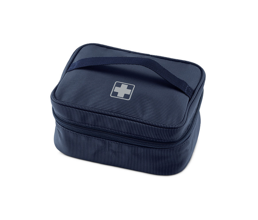 Une trousse à pharmacie bleue avec une poignée et une croix blanche au milieu.