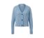 Cardigan bleu en grosse maille avec des boutons.