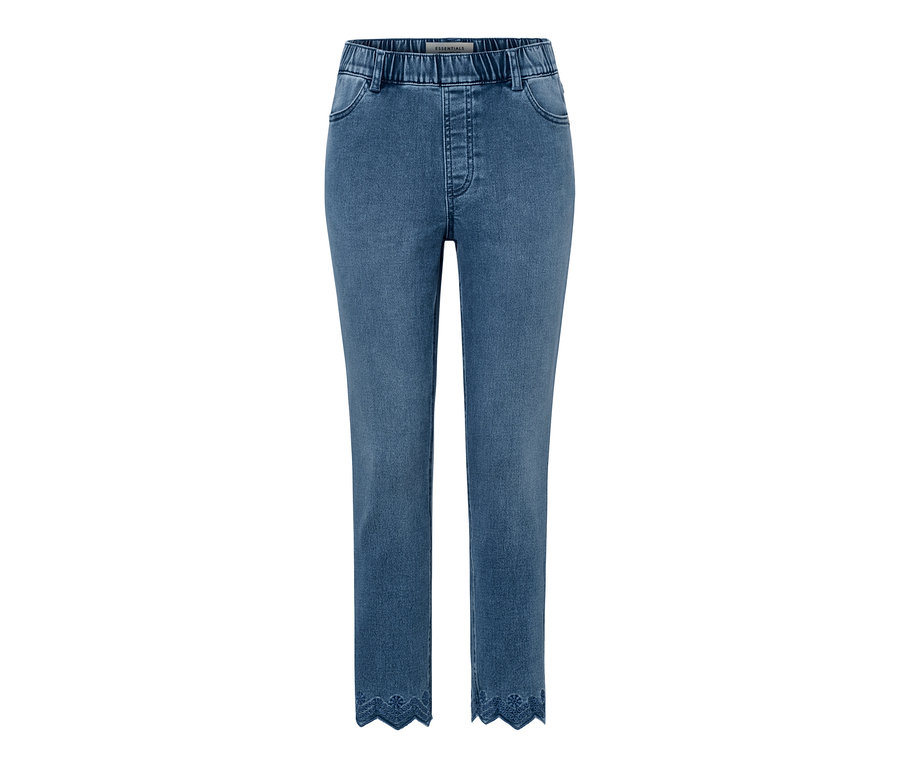 Tregging 7/8 bleu avec broderie ajourée à l'ourlet.