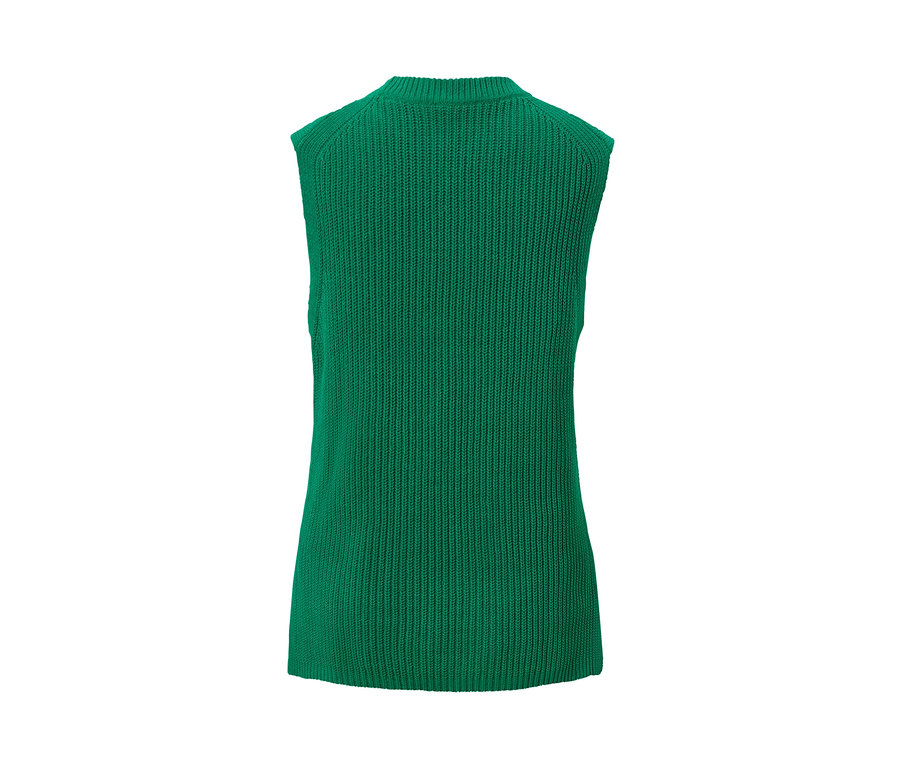 Vue détaillée de l'arrière d'un pull sans manches vert en grosse maille.