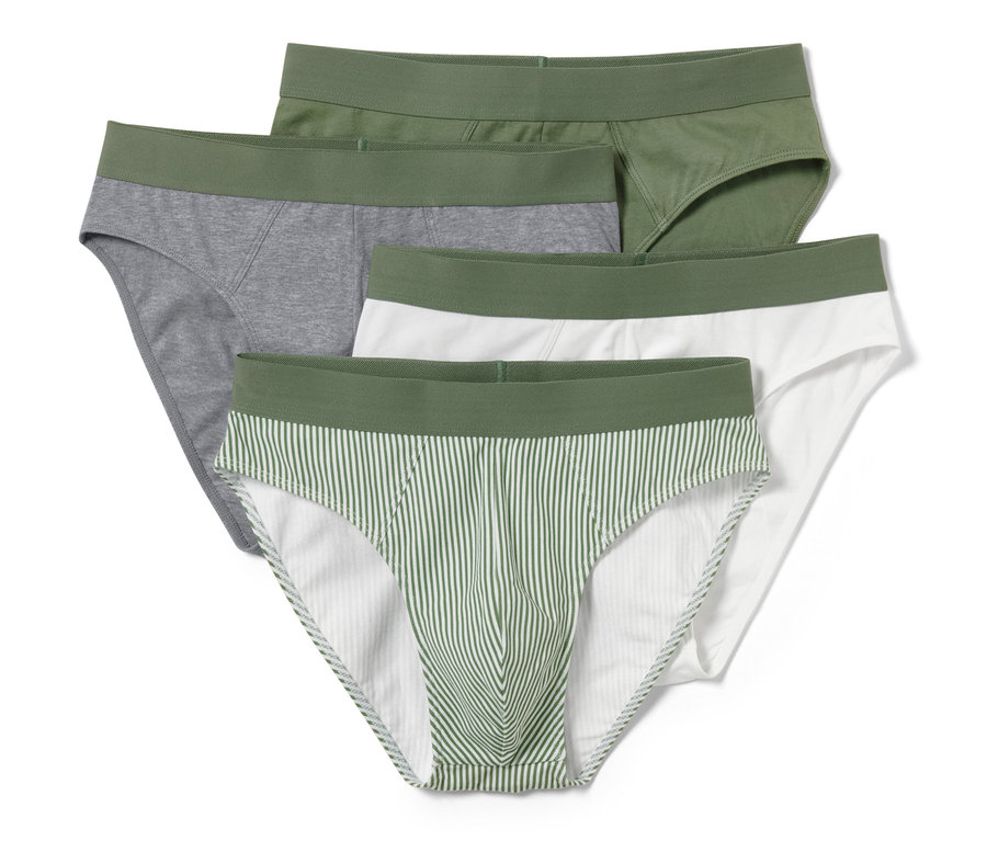 Quatre slips : olive, gris, blanc et blanc avec des rayures vertes.