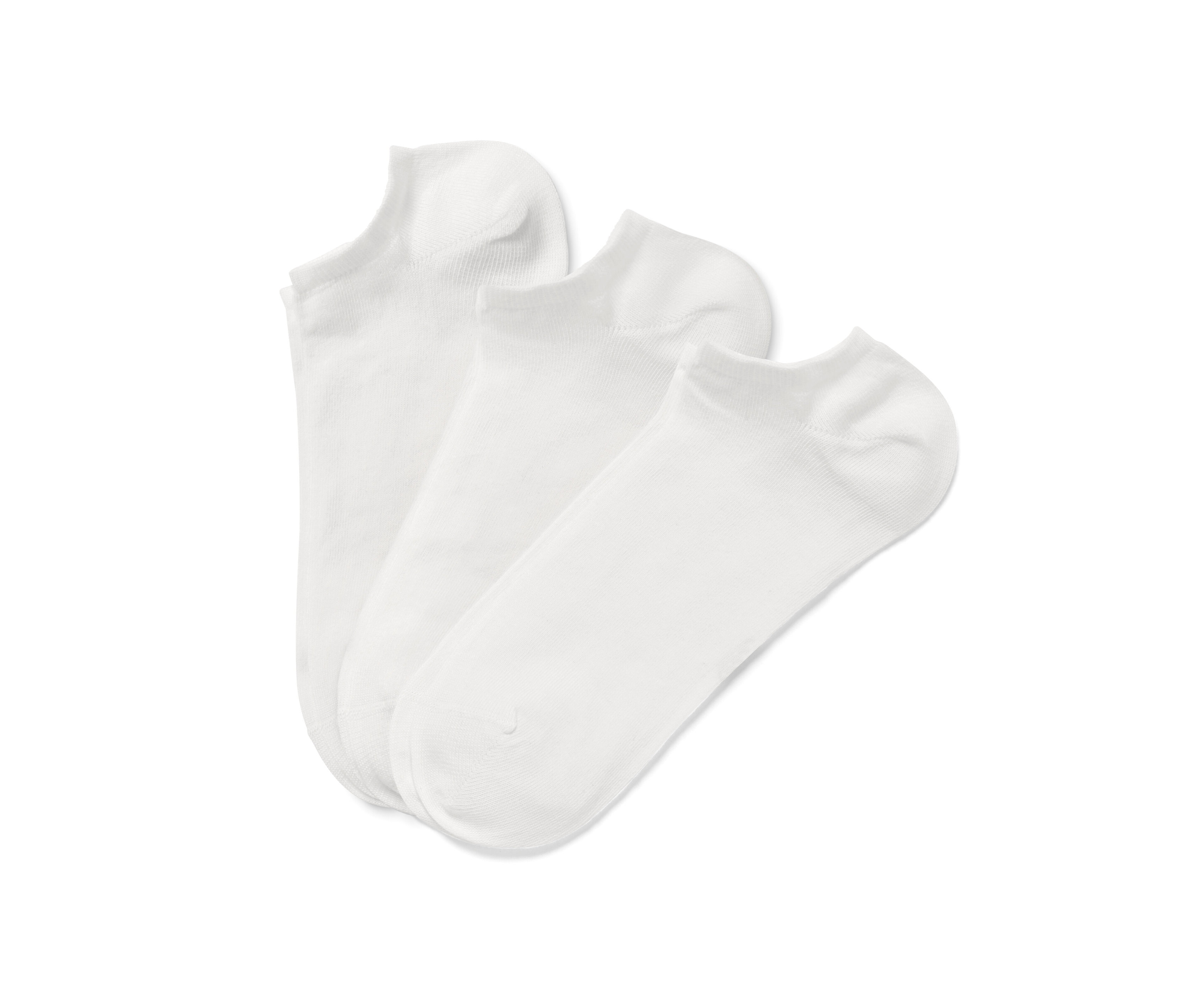 Trois paires de socquettes de sport blanches sont superposées.