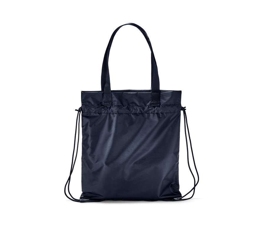 Sac à dos et tote bag 2 en 1 bleu marine avec cordons de serrage noirs.