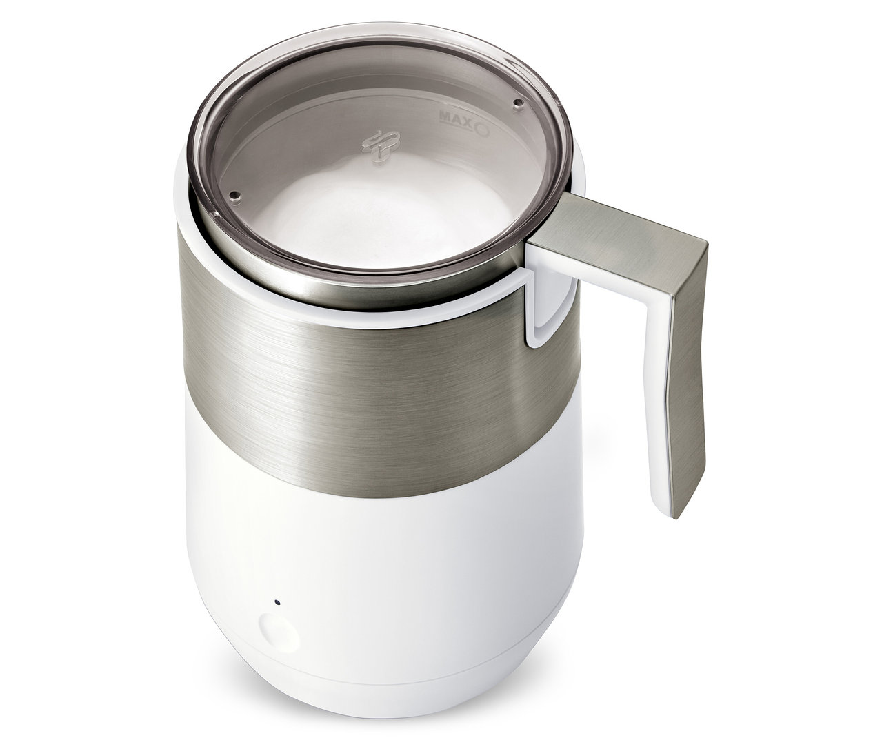 Gros plan sur un mousseur à lait à induction, blanc crème et blanc, avec une bande en acier inoxydable au milieu.