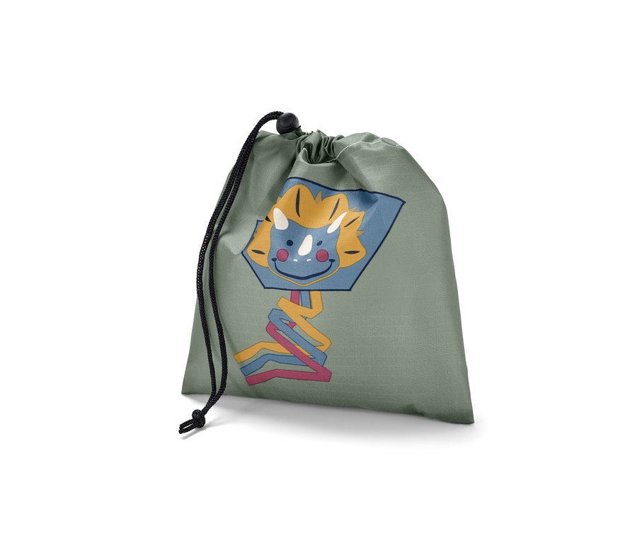 Un sac vert Cerf-volant de poche avec cordon de serrage et visage de dessin animé.