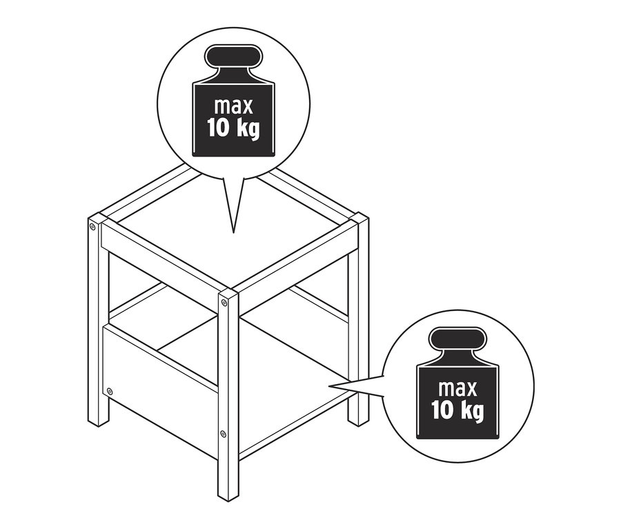 Représentation en noir et blanc d'une table d'appoint avec une charge maximale de 10 kg.