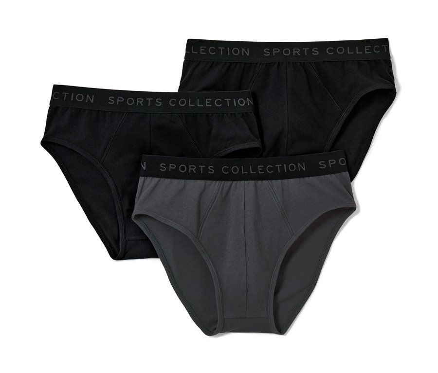 Trois slips : deux noirs et un gris. Tous ont l'inscription SPORTS COLLECTION.