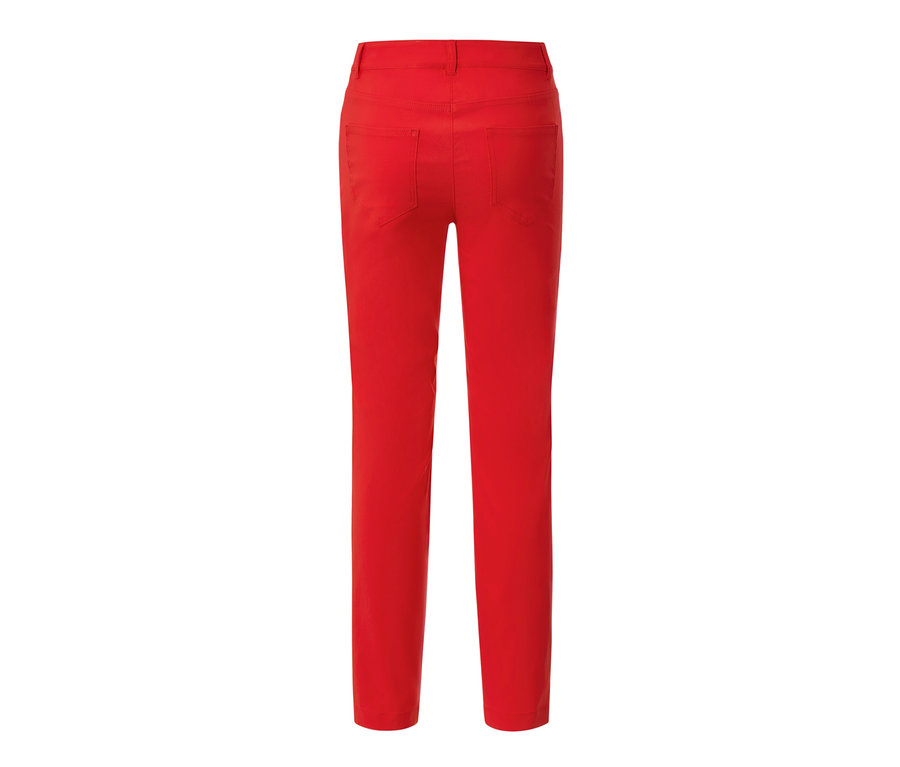 Vue détaillée de l'arrière d'un pantalon en bengaline rouge.