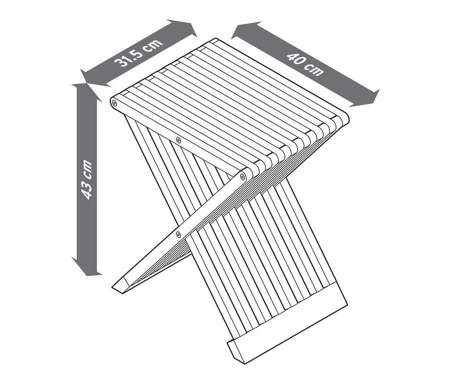 Schéma d'un tabouret repliable avec dimensions indiquées.