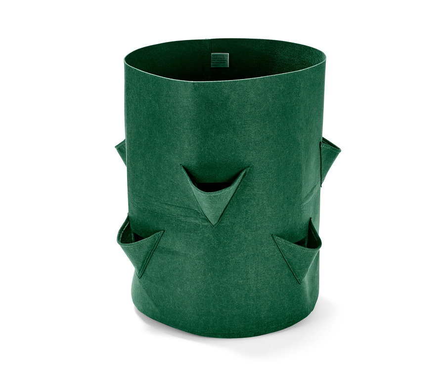 Sac à plantes, fraises, vert avec trois poches latérales.