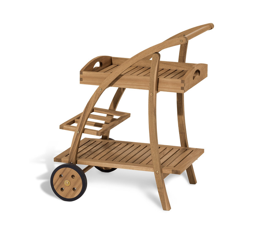 Un chariot de bar avec un plateau amovible sur fond blanc.