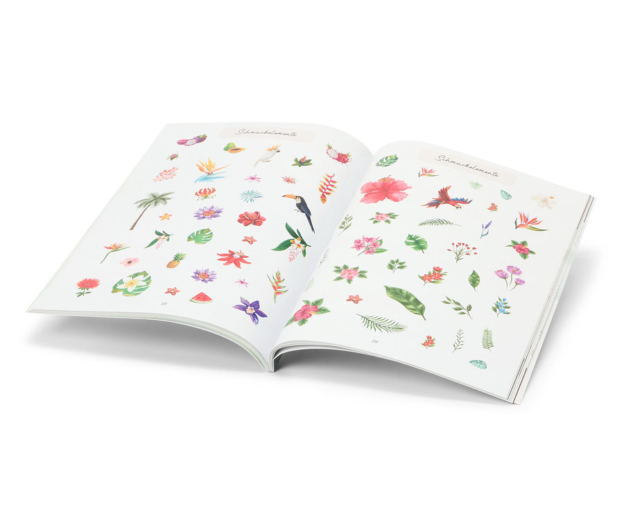 Livre ouvert « Stickerträume » (en allemand) avec des autocollants tropicaux.