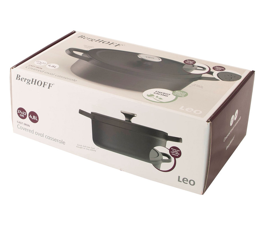 Emballage de la cocotte ovale en fonte Berghoff Leo 27x22 cm d'une capacité de 4,8 L.