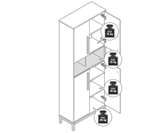 Schéma d'une armoire haute de salle de bain « Eklund » avec portes ouvertes et étagères. La capacité de charge maximale des étagères est indiquée.