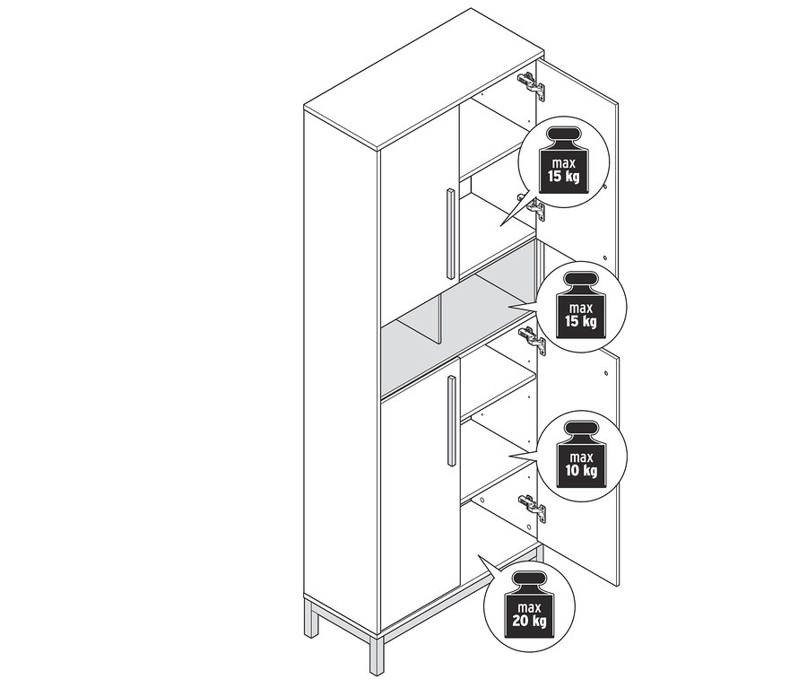 Schéma d'une armoire haute de salle de bain « Eklund » avec portes ouvertes et étagères. La capacité de charge maximale des étagères est indiquée.