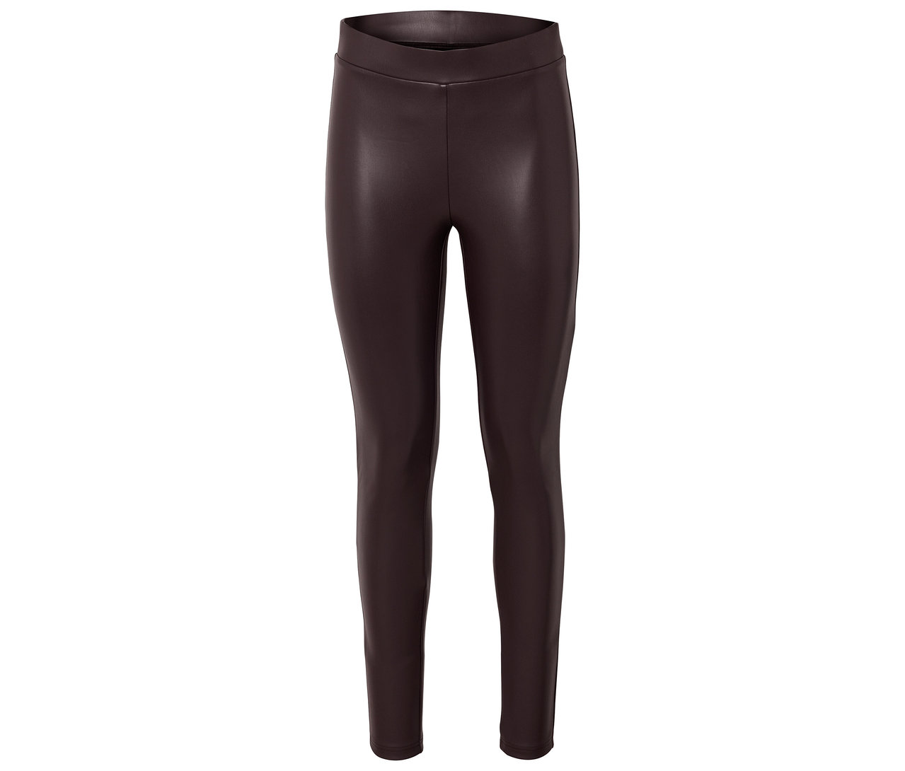 Leggings en similicuir marron sur fond blanc.