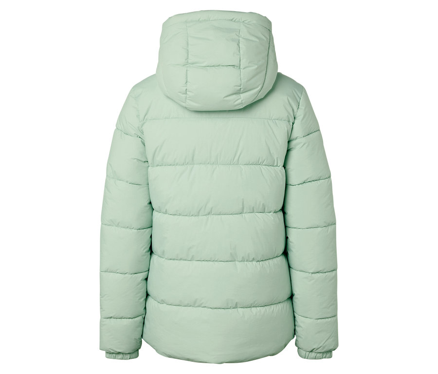 Vue arrière d'une doudoune vert clair avec capuche.