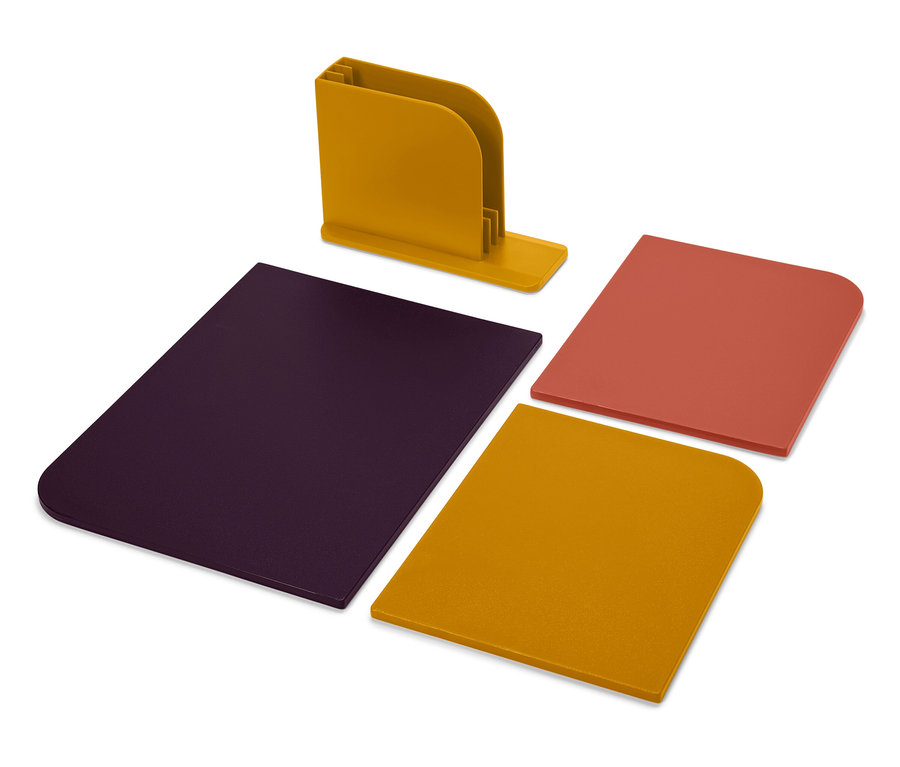 Porte-lettres jaune avec trois planches colorées sur fond blanc.