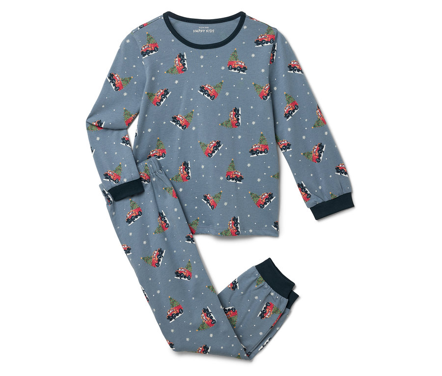 Pyjama bleu avec imprimé de voitures rouges avec des arbres de Noël.