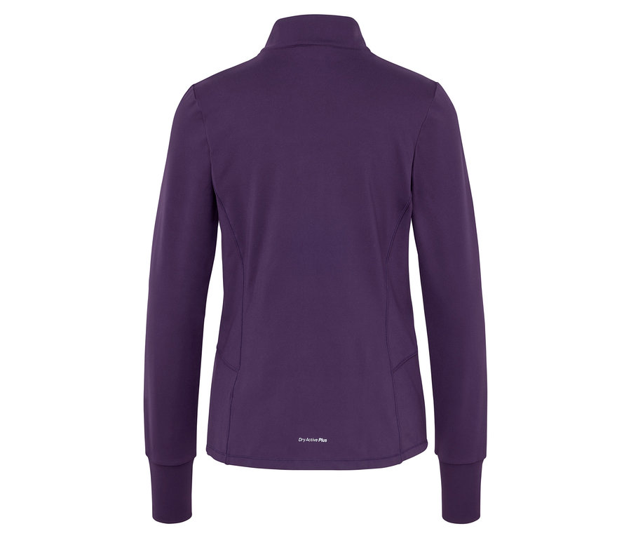 Veste de sport violette à manches longues avec fermeture éclair au dos.