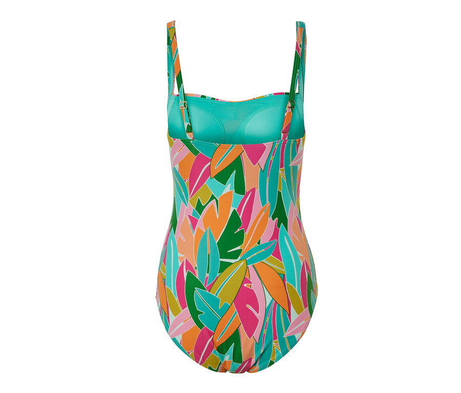 Vue détaillée de l'arrière d'un maillot de bain modelant multicolore avec un imprimé de feuilles.
