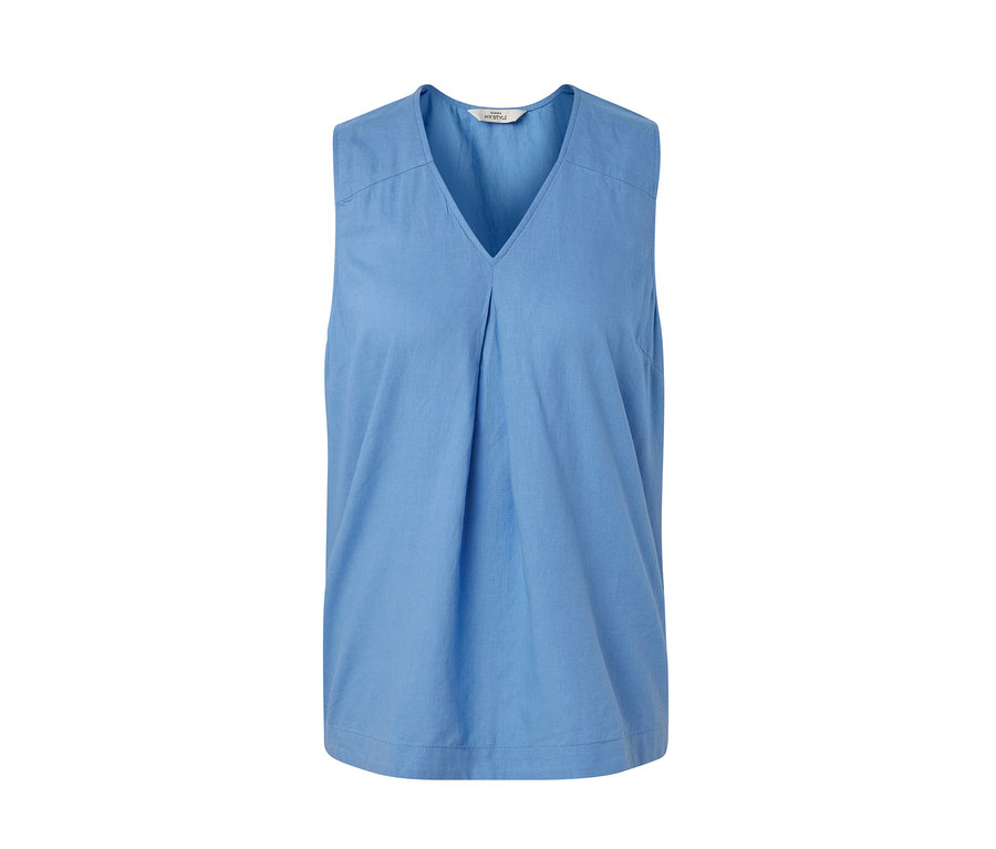 Chemisier sans manches en lin bleu clair.