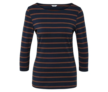 T-shirt à manches longues rayé bleu foncé et marron.