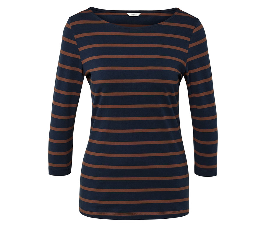 T-shirt à manches longues rayé bleu foncé et marron.