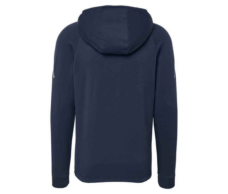 Vue arrière d'un sweat à capuche bleu foncé.