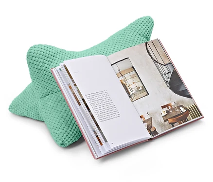 Un coussin de lecture vert menthe soutient un livre ouvert.