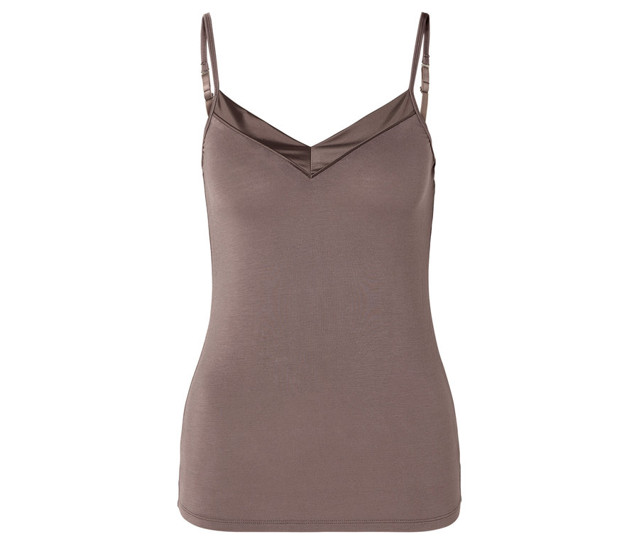 Débardeur marron à fines bretelles et col en V.